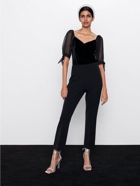 Zara EUC Velvet Bodysuit Organza Puff Sleeve Black V Neck Top Size S